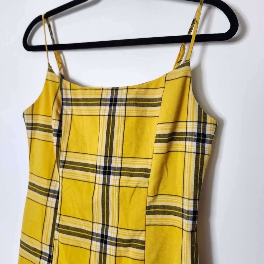 Forever 21 Yellow Plaid Mini Dress Medium 90s Bodycon Spaghetti Strap Clueless - Picture 3 of 11